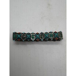 Vintage Southwestern Style Stretch Bracelet Turquoise Teal Enamel & Coral Accent